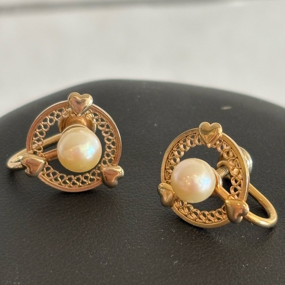 VTG 14k GF Yellow Gold Celtic Fresh Water Pearl Screw Back Womens Earrings - Picture 5 of 6